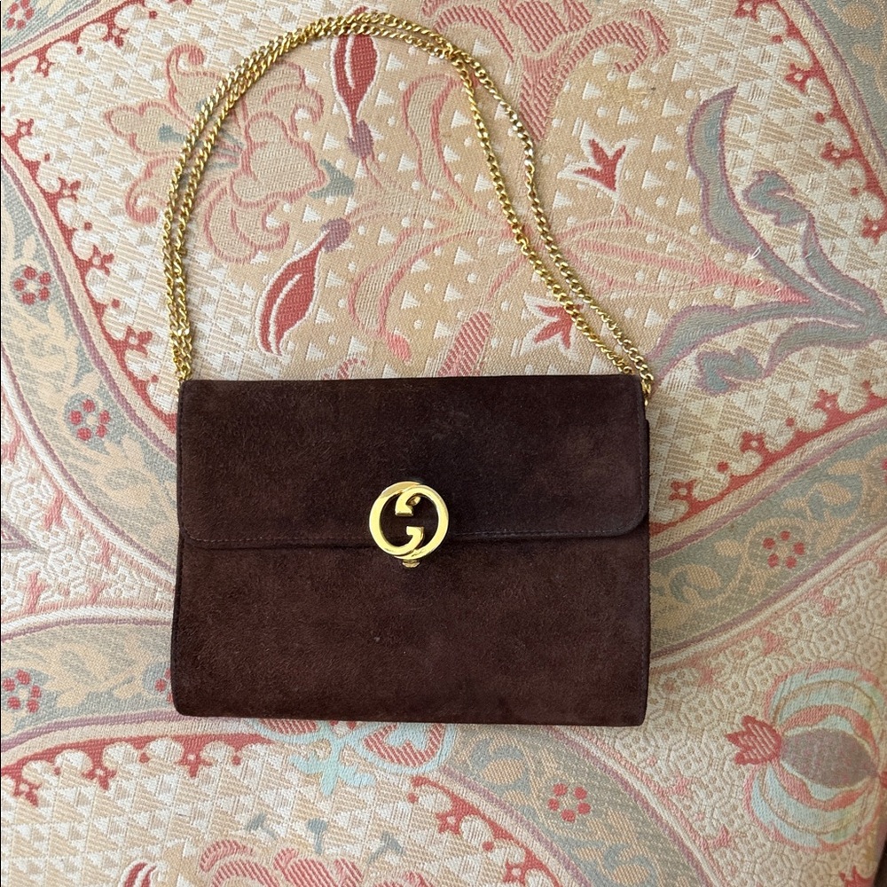 Gucci Brown Suede Crossbody Bag with Gold Chain - Picture 8 of 15